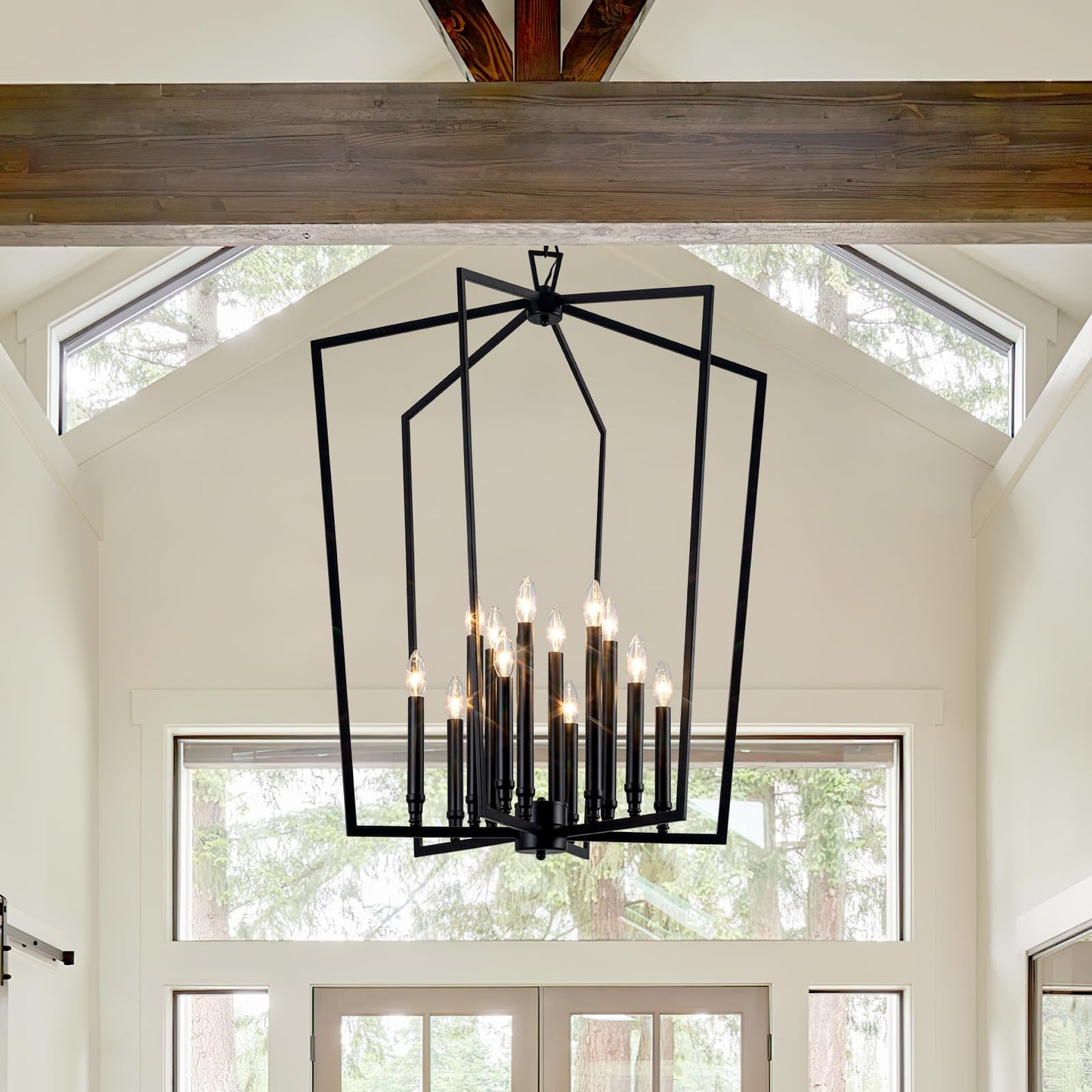 Vezzio 12-Light Large Black Chandelier, D30 Inch Modern Industrial Farmhouse Lantern Pendant Light for High Ceiling Entryway, Foyer, Dining Room，Kitchen Island，Hallway，Staircase