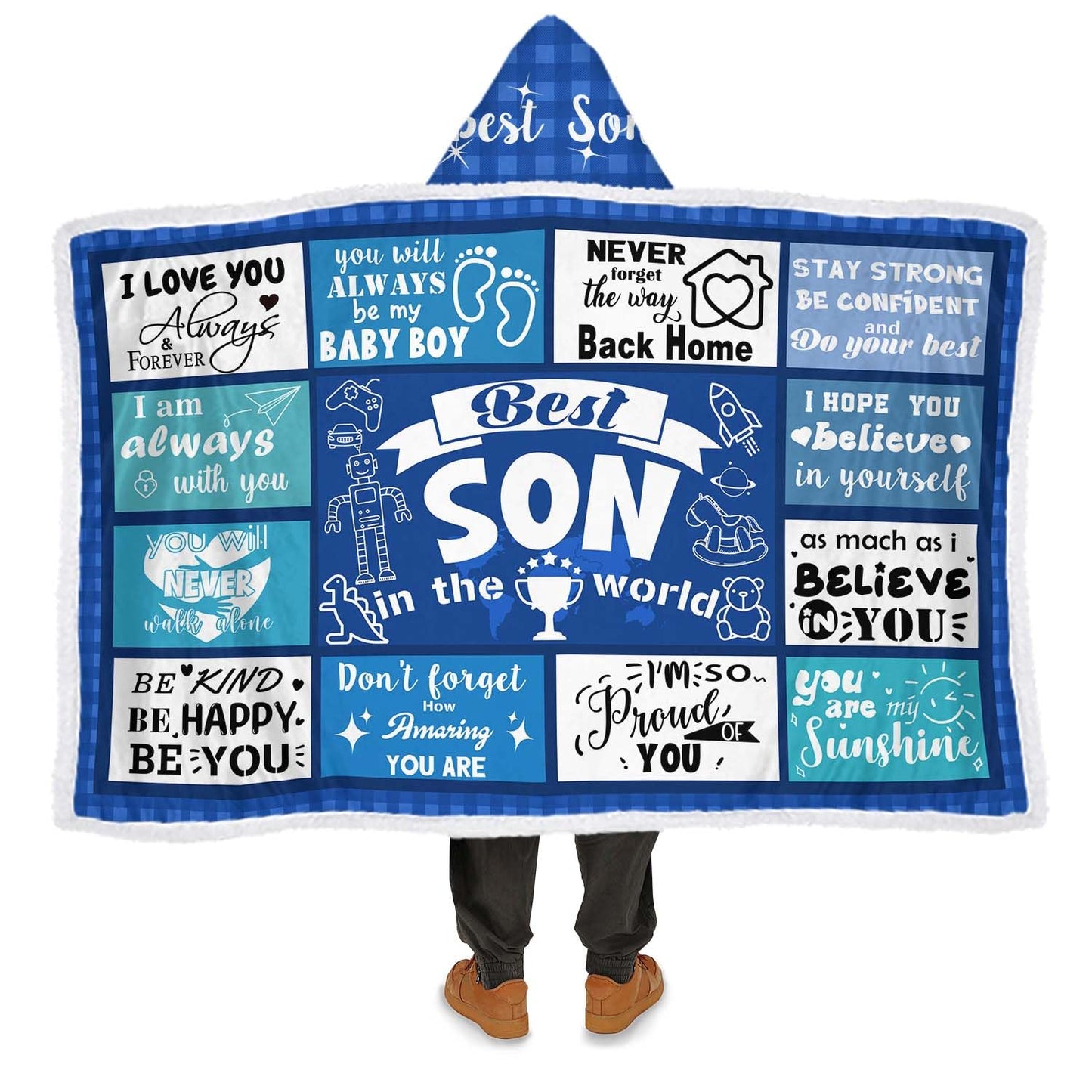 Father's Day Wearable Blanket Hoodie Gift for Son, Son Birthday Gifts from Mom Dad Parents, Soft Blue Throw Son Blankets for Christmas Graduation Ceremony