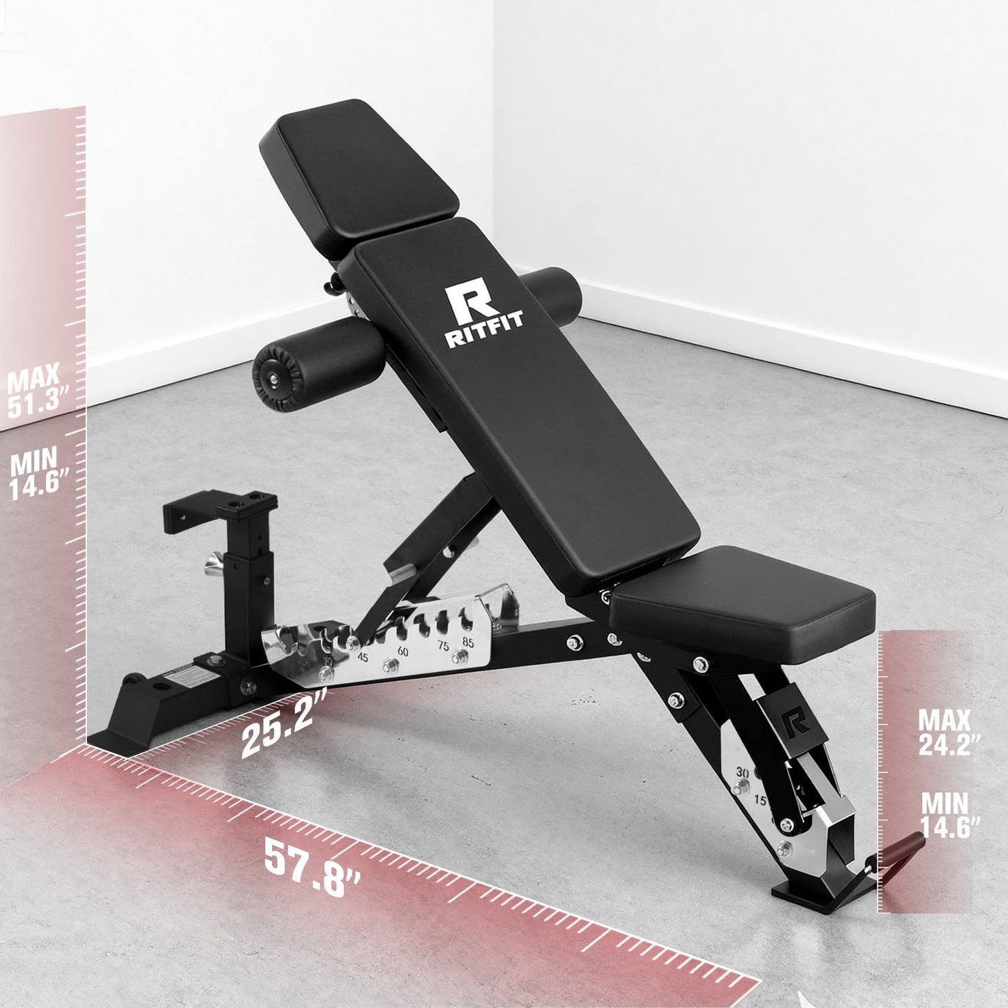 RitFit 3-Section Adjustable Weight Bench, 1600LBS Capacity Workout Bench for Home Gym, 21 Levels Incline Decline Bench Press with Thickened Padding, Foldable Exercise Equipment for Strength Training