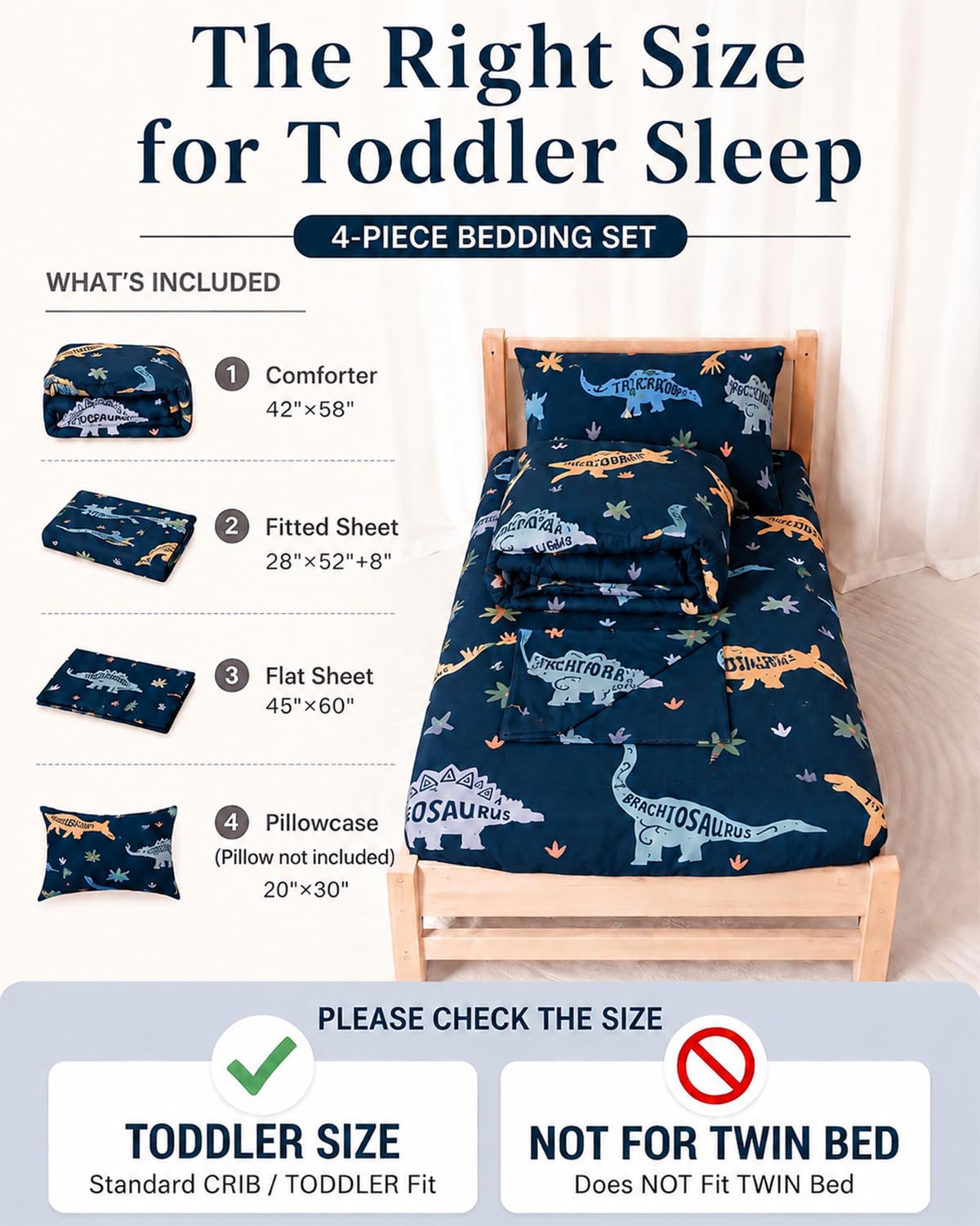 TinyPalsa Dinosaur Toddler Bedding Set, 4-Piece Comforter Set for Girls and Boys, Breathable Crib Bedding Includes Ultra-Soft Plush Minky Comforter, Flat and Fitted Sheets, and Reversible Pillowcase