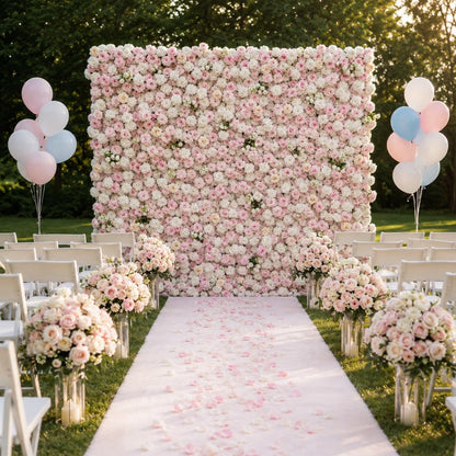 5D Artificial Silk Rose Flower Wall Backdrop, Pink and White Floral Wall, 8×8 Ft, Easy to Install and Store, Reusable, Perfect for Weddings, Birthday Parties, Garden and Home Decor, Without Stand