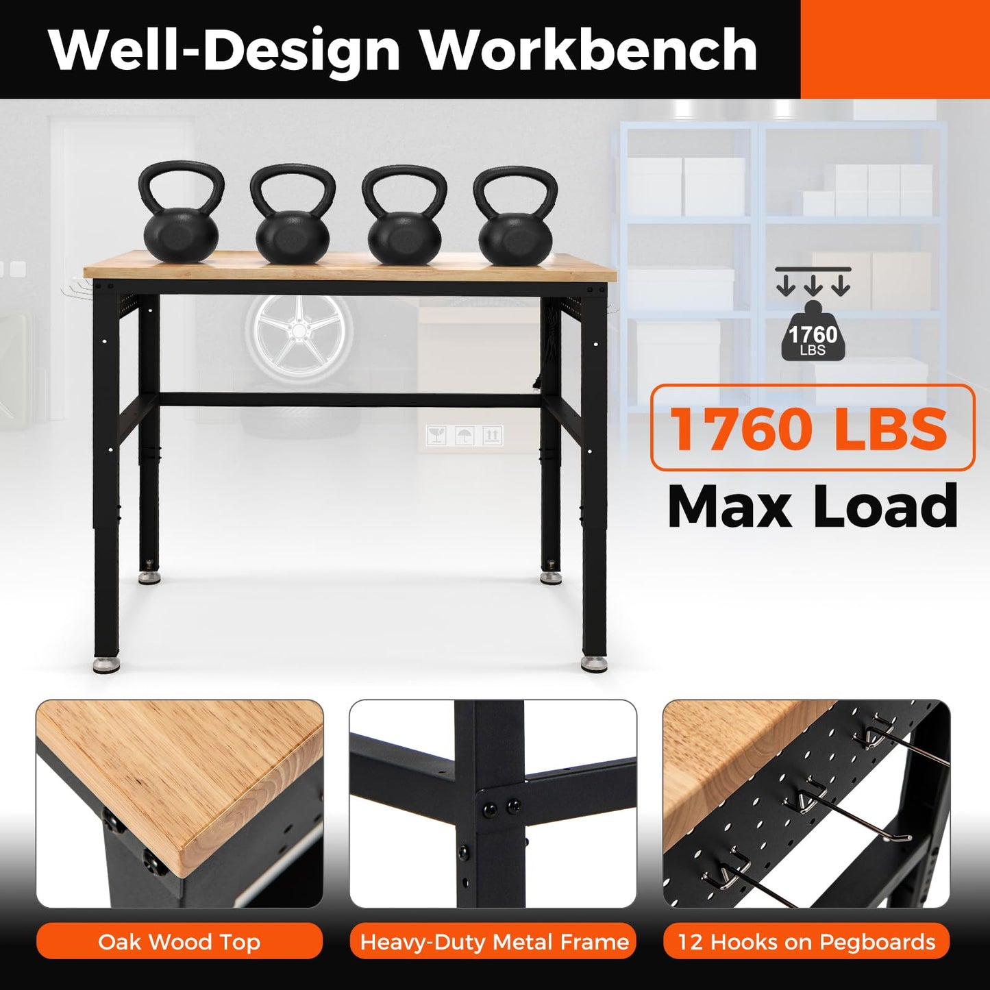 IRONMAX 48'' Adjustable Work Bench with Wheels, 1760 LBS Heavy Duty Oak Wood Table Top Workstation w/Power Strip & Foot Pad, 5 Different Height Hardwood Worktable for Workshop, Garage, Office, Home