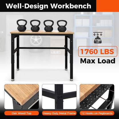 IRONMAX 48'' Adjustable Work Bench with Wheels, 1760 LBS Heavy Duty Oak Wood Table Top Workstation w/Power Strip & Foot Pad, 5 Different Height Hardwood Worktable for Workshop, Garage, Office, Home