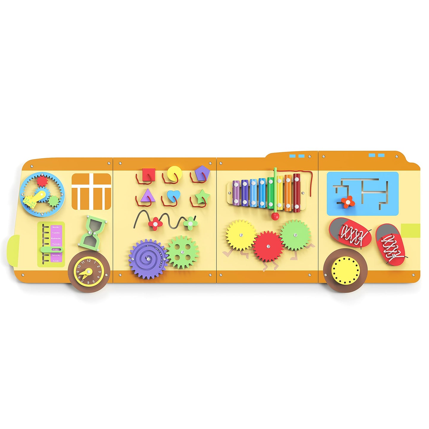 BlueWood 2024 8 in 1 Pikler Triangle Climbing Set, School Bus Wall Busy Board Panels