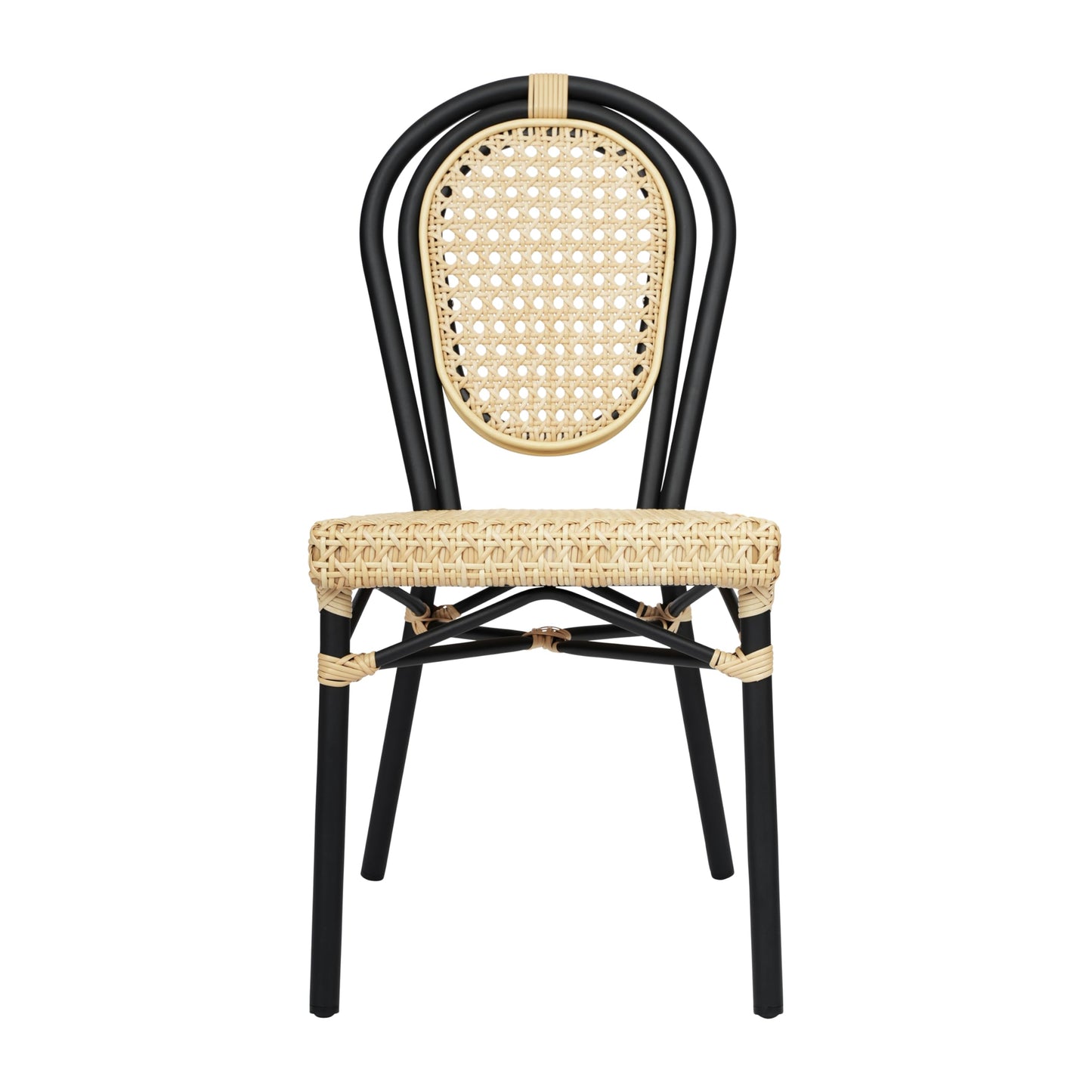 Flash Furniture Cannes Indoor/Outdoor Commercial Thonet Bistro Stack Chair - Natural PE Cane Rattan Back and Seat - Black Metal Frame - Set of 2