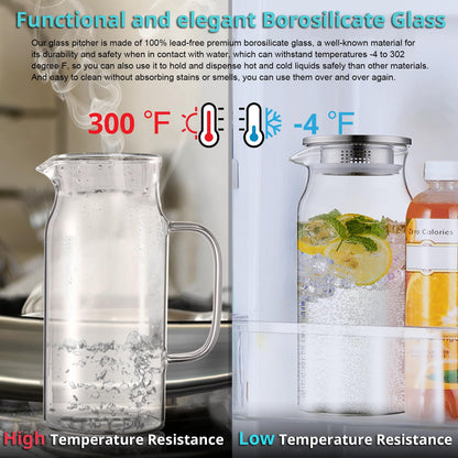 Bivvclaz 2 Liter 68 oz Glass Pitcher with Lid and Handle, Glass Carafe for Hot/Cold Water, Large Iced Tea Pitcher for Coffee, Juice and Homemade Beverage