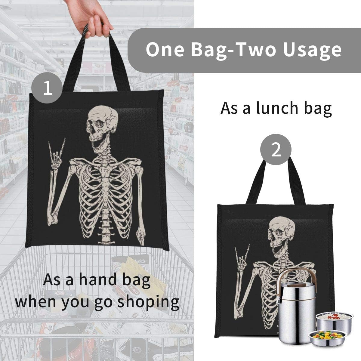 Ouqiuwa Cute Reusable Lunch Bag, Lunch Tote Handbag for Women Men, Rock and Roll Skeleton