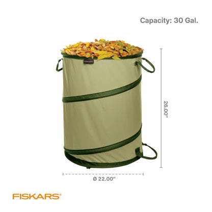 Fiskars Kangaroo Collapsible Spring Up Garden Bag for Yard Waste, Grass, Branches & Weeds, Tear & Mildew Resistant Vinyl-Coated Polyester, Folds Flat to 3 Inches for Space-Saving Storage, 30 Gallon
