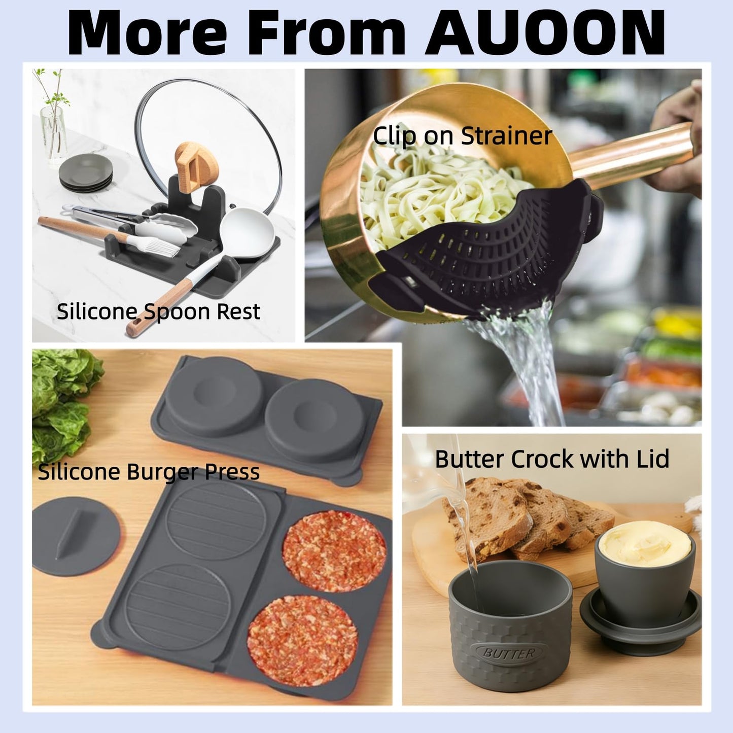 Auoon Silicone Spoon Rest with Lid Holder - 3 in 1 Kitchen Utensil Rest for Soup Ladles, Pot Lids, Spatulas, Spoons, Tongs, BPA Free & Dishwasher Safe, 8.26 x 8.06 Inch (Gray, Large)