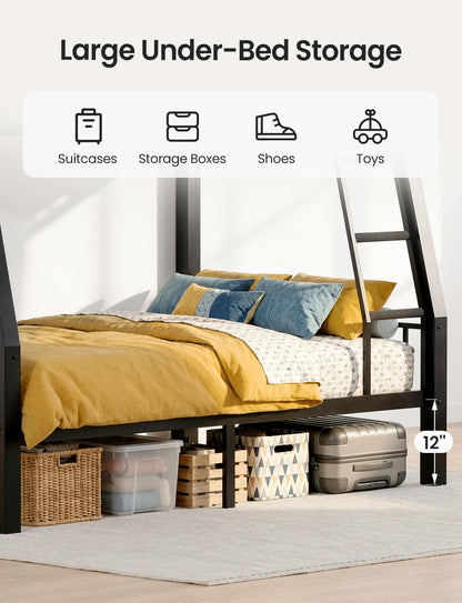 Mixcous Full XL Over Queen Bunk Bed for Adults, Heavy Duty Metal Bed Frame with Full-Length Guardrails & Anti-Slip Ladder, Noise-Free, No Box Spring Needed, Space Saving Queen Bunk Bed, Black