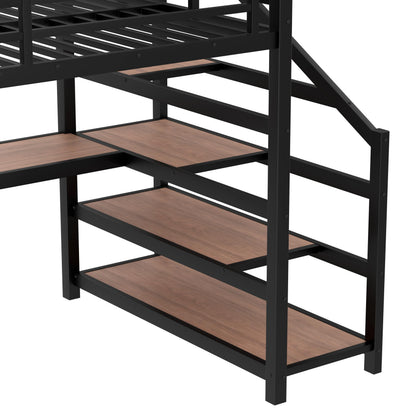 Full Size Loft Bed with Desk and Storage Stairs, Metal Loft Bed Frame with LED Lights, Charging Station, and Multi-function Iron Nets, Loftbed for Kids, Teens, Adults, Noise-free, Black and Wood
