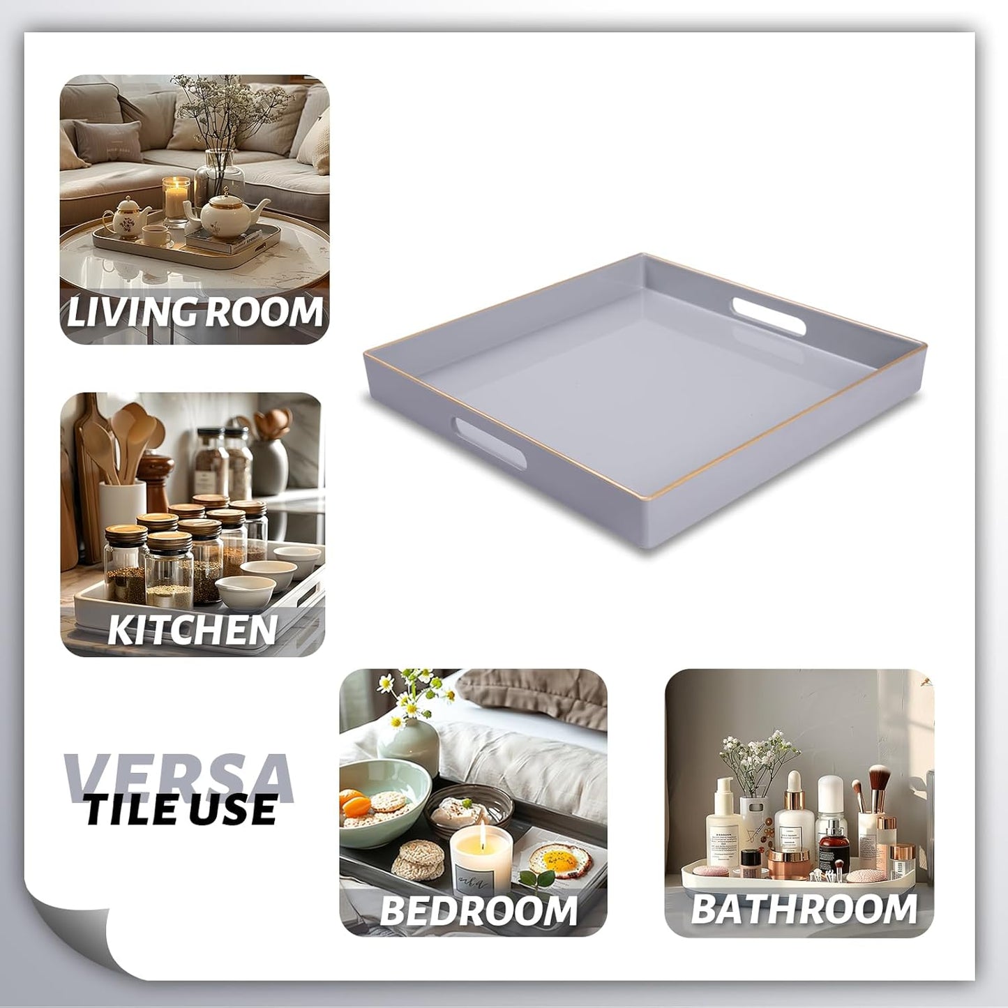 13" 13" 1.57" MAONAME Decorative Tray, Gray Serving Tray with Handles, Coffee Table Trays, Square Plastic Trays