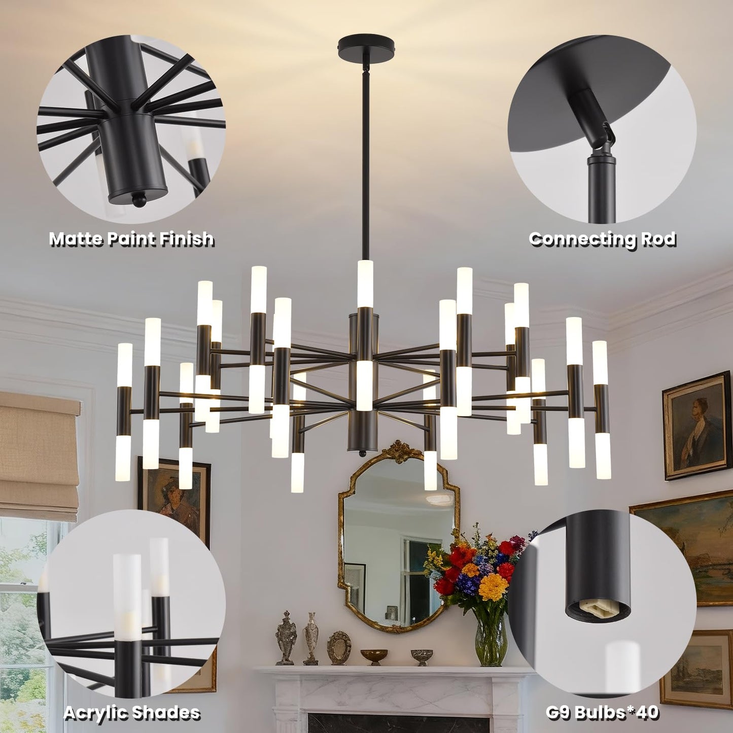 Povectolay Black Modern Chandelier 40-Light, Large Farmhouse Round Candle Chandeliers with Acrylic Shades, 38.6" Dining Room Light Fixture for High Ceilings, Living Room, Foyer, Entryway, G9 Base