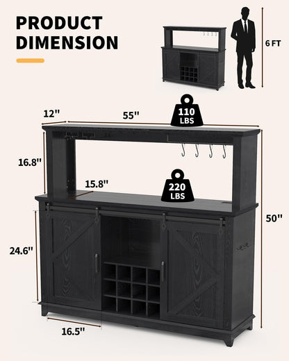 Farmhouse Coffee Bar Cabinet with Power Outlet & LED Lights,55" Sliding Barn Door Buffet with Removable Wine Rack & 2-Tier Drawers, Multi-Functional Storage Cabinet for Kitchen, Dining or Living Room