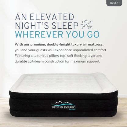 RestElevated Luxury Pillow Top Queen Size Air Mattress with Built in Pump | 20" Raised Height with Coil Beam Support | Adjustable Blow Up Air Bed | for Home, Guests and Camping [Black with Cream Top]