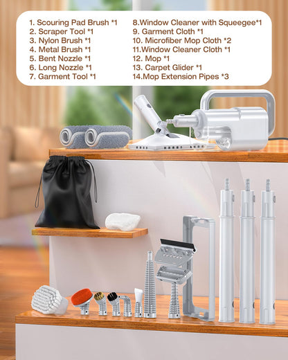 10-in-1 Steam Mop with Detachable Handheld Steamer, 350ml Tank, 10s Heat-Up, 248°F Steam Cleaner, 3-Level Control and Swivel Head for Floors, Carpets, Tiles, BBQ grill Multi-Surface Clean White