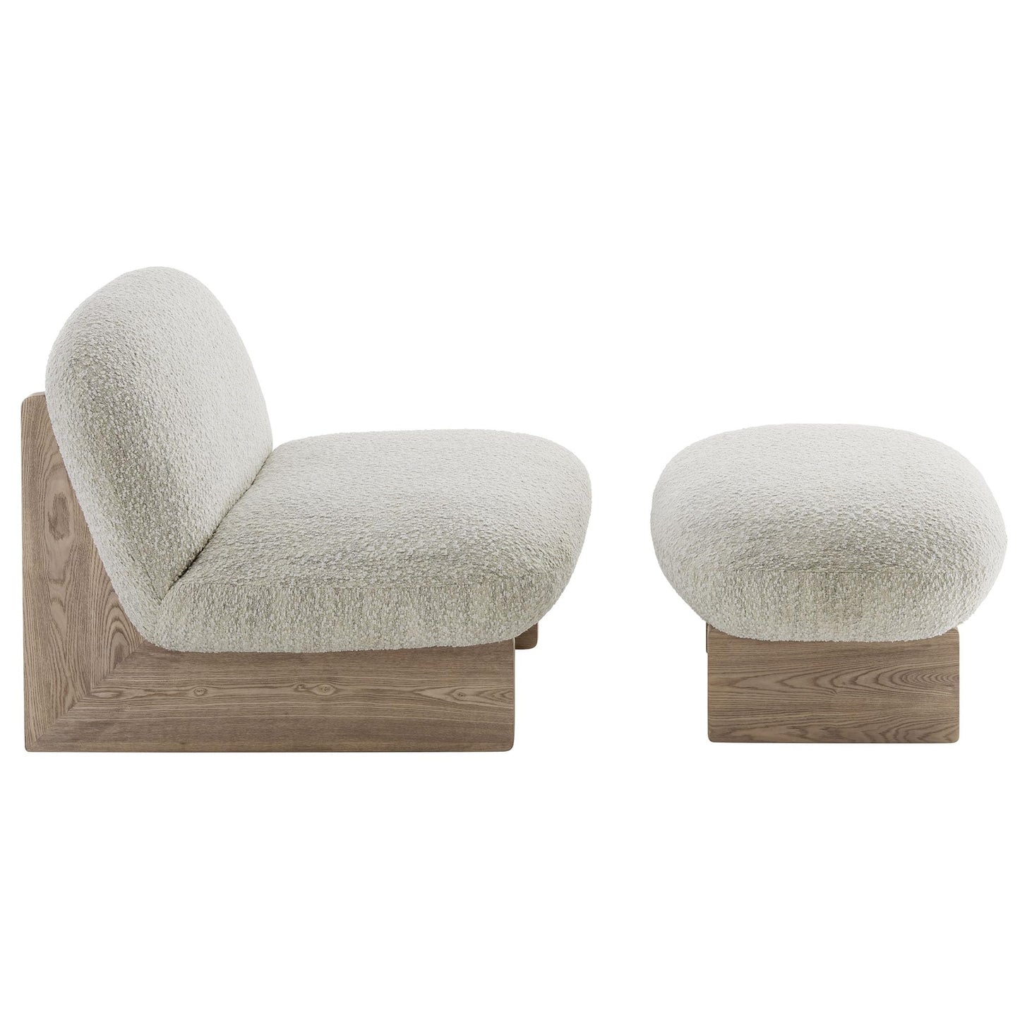 Modway Loyal Boucle Fabric Accent Chair with Ottoman in Pearl Oak - Comfy Modern Armless Lounge Chair with Footrest - Upholstered Round Sofa Chair and Footstool Set for Living Room or Bedroom