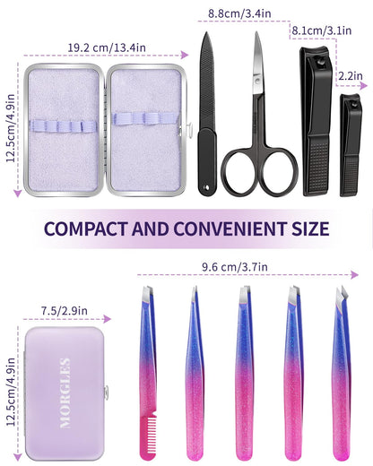 MORGLES Tweezers Set and Nail Clippers, 9 Pcs Stainless Steel Tweezers Kit for Men Professional Manicure Set for Men Grooming Kit with Leather Travel Case