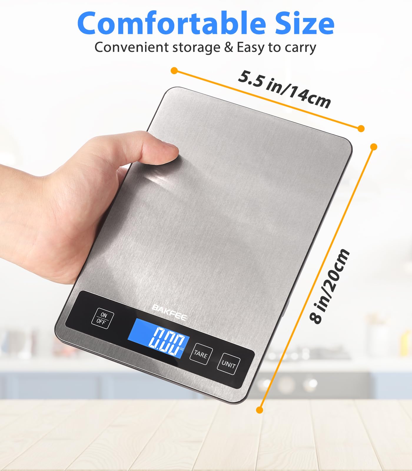 BakFee Food Scale - 15kg/33lb Rechargeable Digital Kitchen Scale with Full-View LCD Display, Grams and Ounces, Type-C or Batteries, Easy Clean Stainless Steel, for Baking, Cooking & Meal Prep, Black