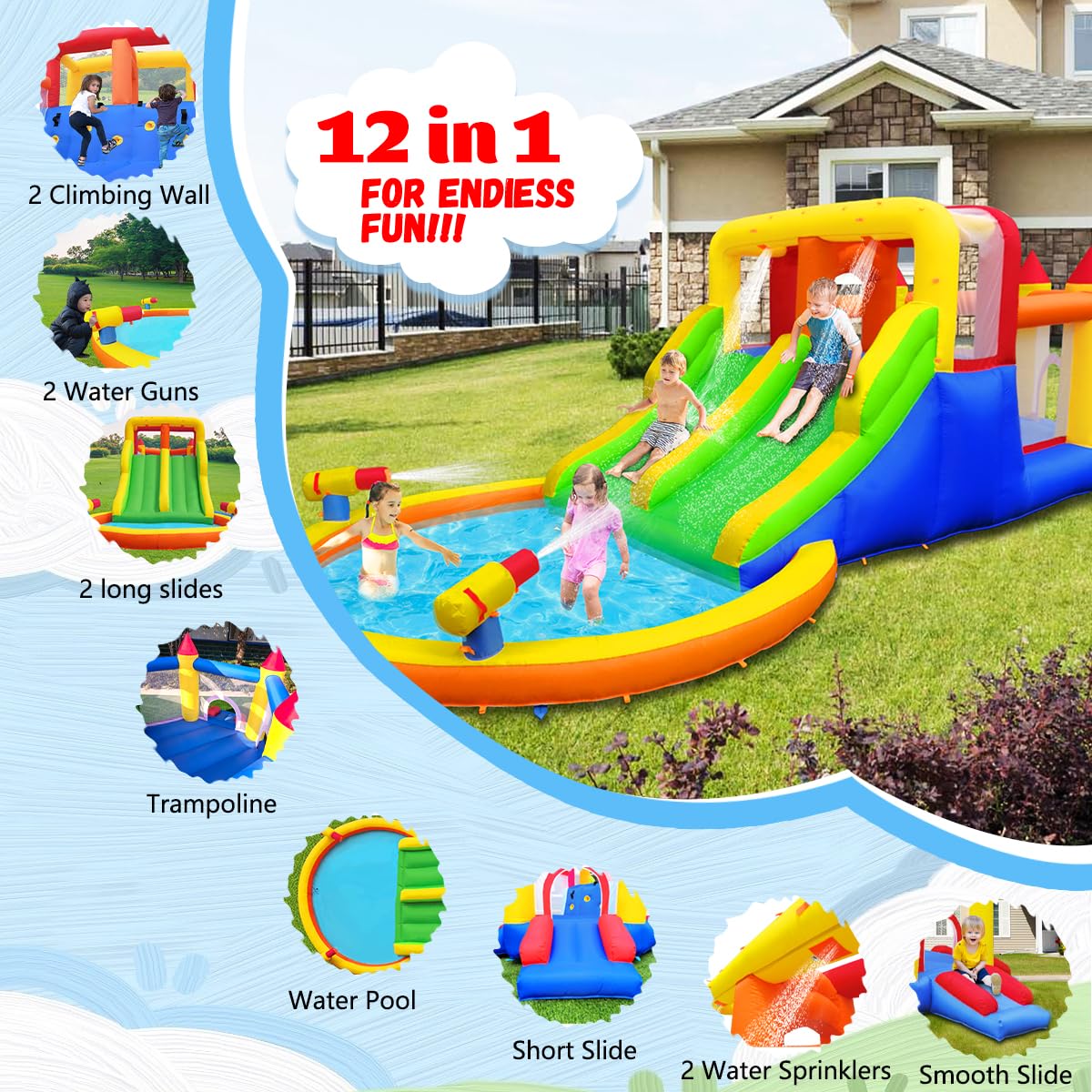 Umbalir InfIatable Bonuce House with 4 Slides & Large Splash Pool, Water Park with Ultra-Wide Climbing Wall, Jumping, Water Cannons & Surprise Water Sprayers for 3-10 yr Kids(20.6'Lx9.6'Wx6.4'H)