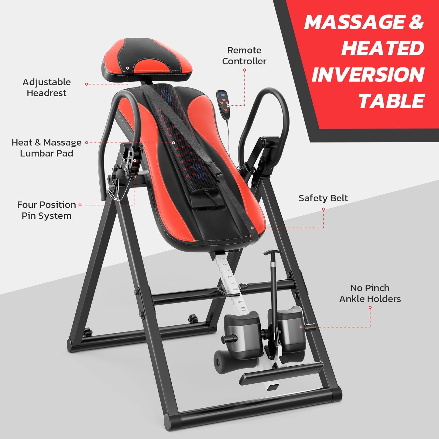 YOLEO Inversion Table Training Equipment Massage & Heat Inversion Table ITM280 Back Pain Relief Equipment w/Remote Control, Reversible Ankle Holders, Heavy Duty up to 320lbs