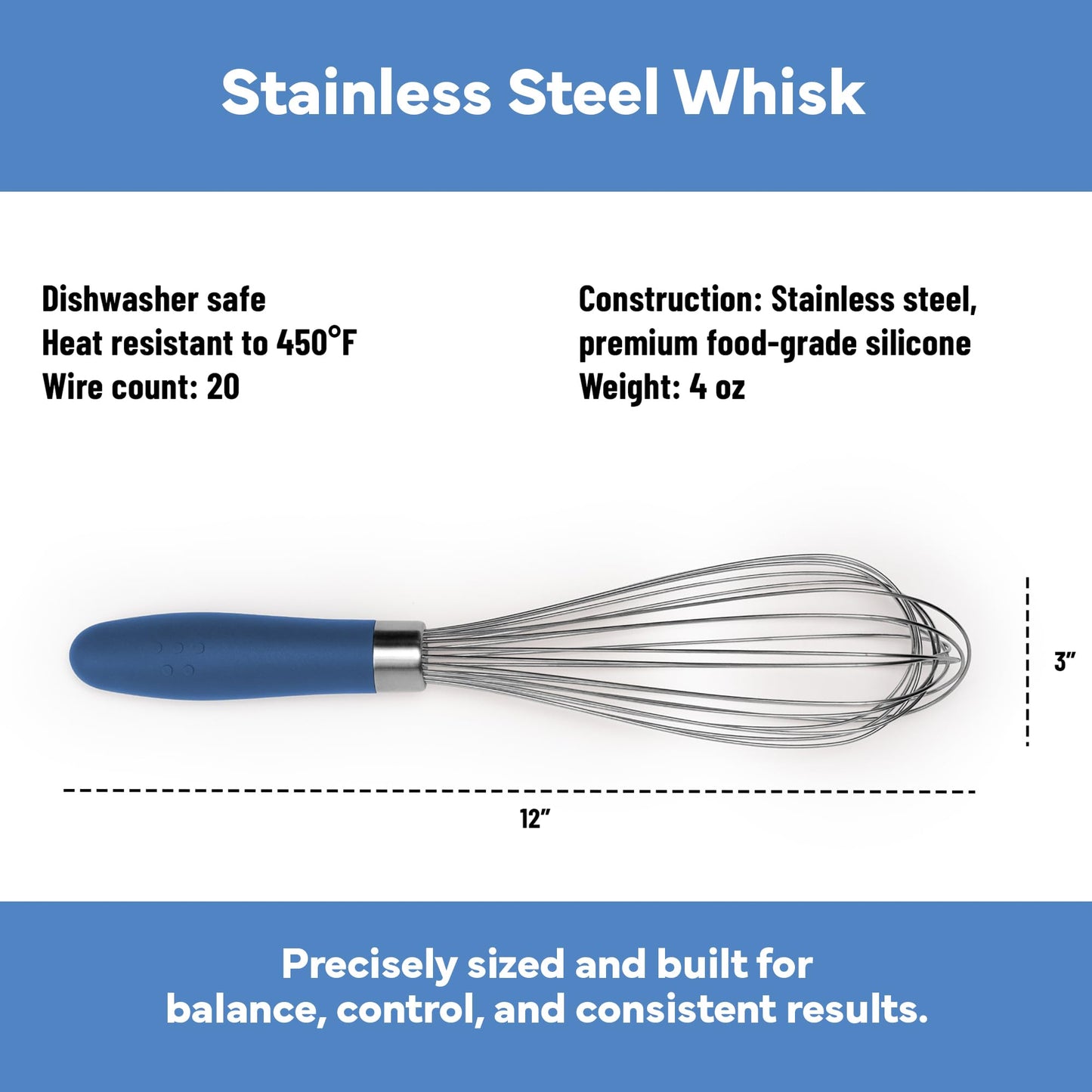 Misen Stainless Steel Balloon Whisk - Dishwasher Safe - Ergonomic Silicone Grip, Versatile Cooking Whisk for Eggs, Durable Construction - Professional-Grade Kitchen Tool - Blue
