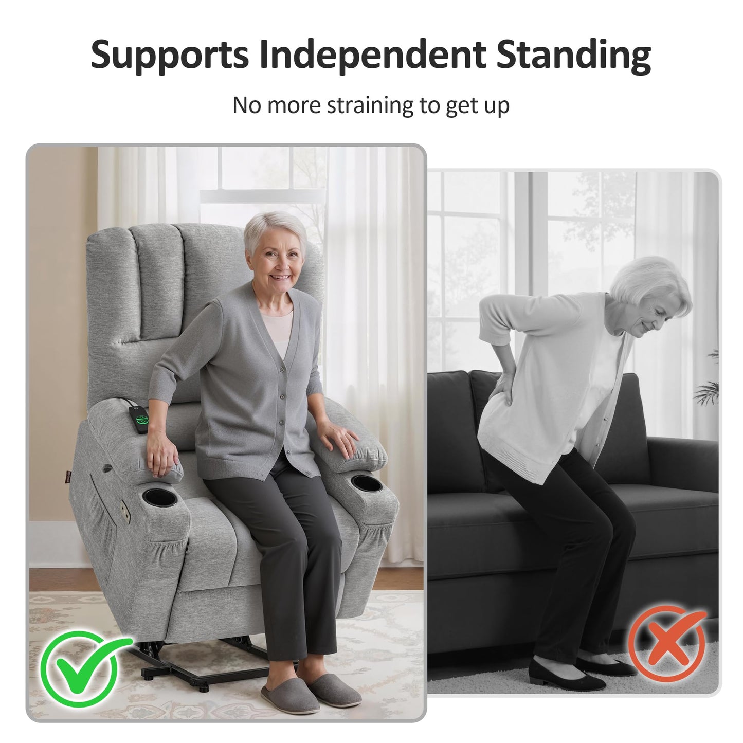 MCombo Power Lift Recliner Chair for Elderly, Lift Chair with Heat and Massage, USB &Type C Ports, Cup Holders, Fabric 7095 (Medium, Grey)