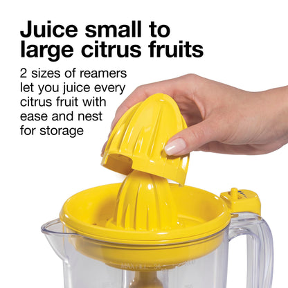 Proctor Silex Alex's Lemonade Stand Electric Citrus Juicer Machine, Large 34 oz. Pitcher, Pressure Activated, for Lemons, Limes and Oranges, 34 oz, Includes 2 Reamers & Recipe Book, Yellow (66341)