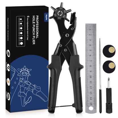Diyife® Leather Hole Punch, Heavy Duty Belt Hole Punch, Revolving Punch Plier Kit with Extra Grinding Needle, Punch Plates, Ruler and 6 Marked Hole Sizes for Watch Band, Crafting, Fabric - Black