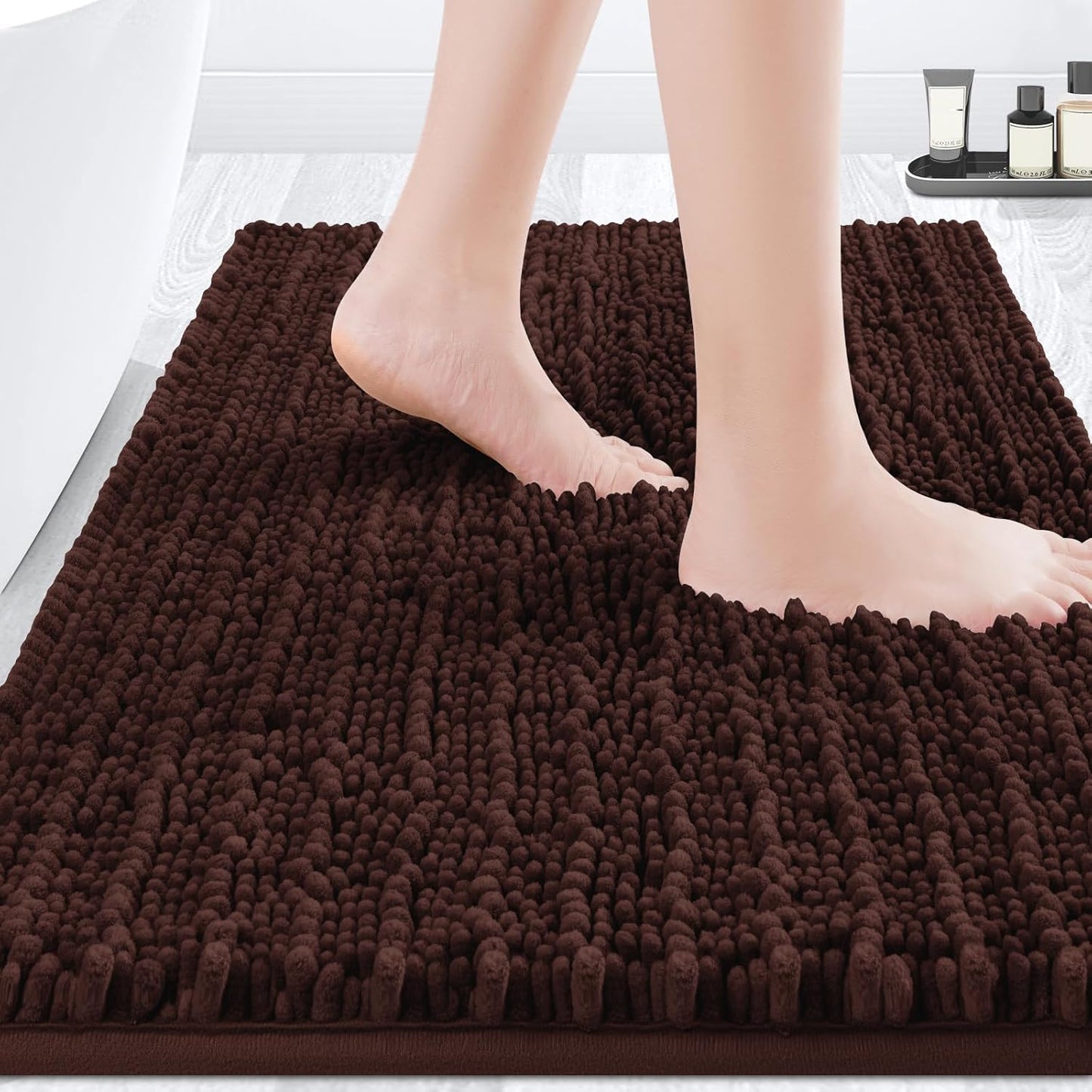 ACCUMTEK Luxury Brown Bathroom Rug Mat, 36"x24", Ultra Soft Thick Absorbent Non Slip Chenille Mat for Bathroom