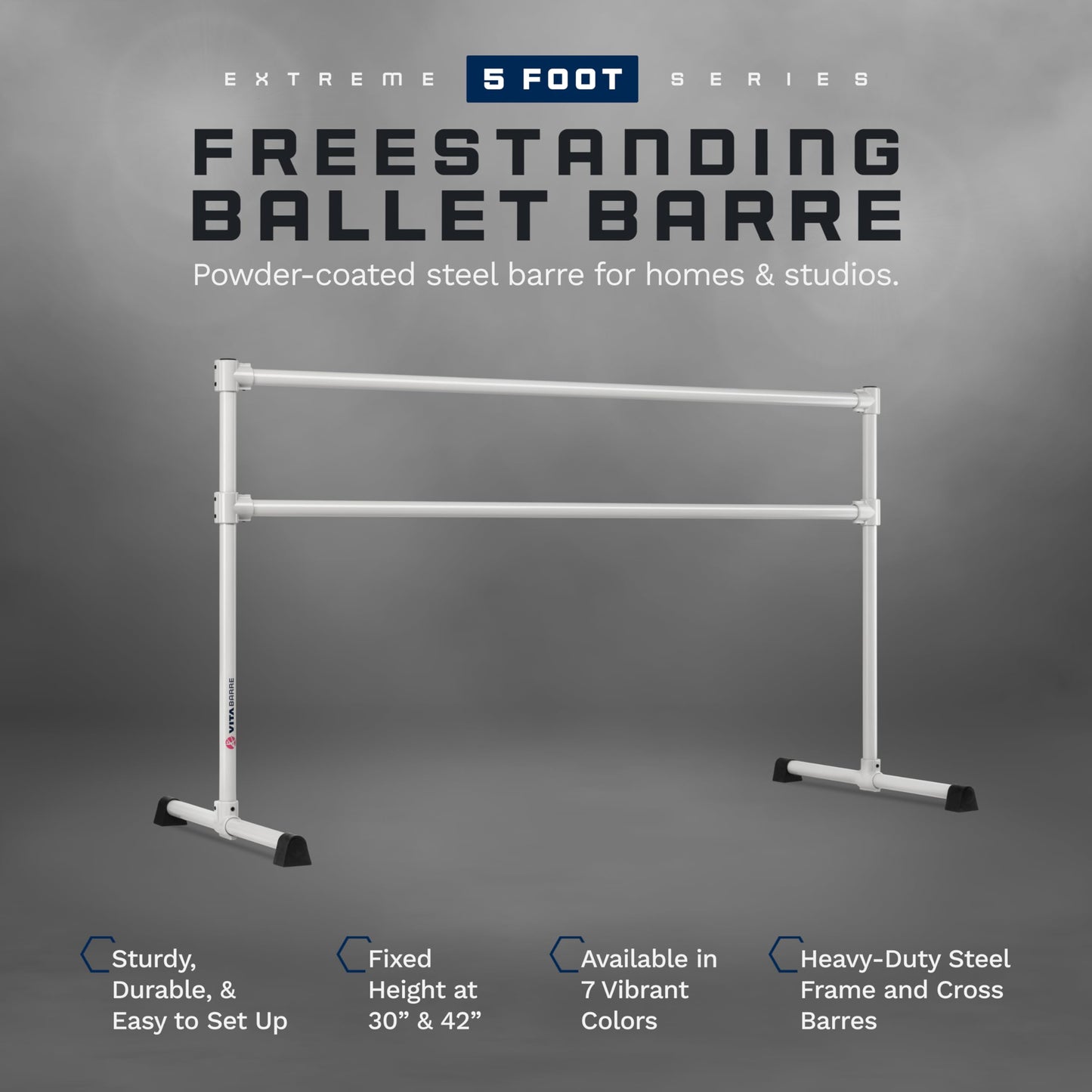 VITA Barre Portable Freestanding Double Ballet Barre, Extreme, 5 Ft Bars, Satin Silver, Steel | Fixed Height, Made in USA, Home or Gym Exercise Equipment for Kids & Adults | Dance, Fitness, Pilates