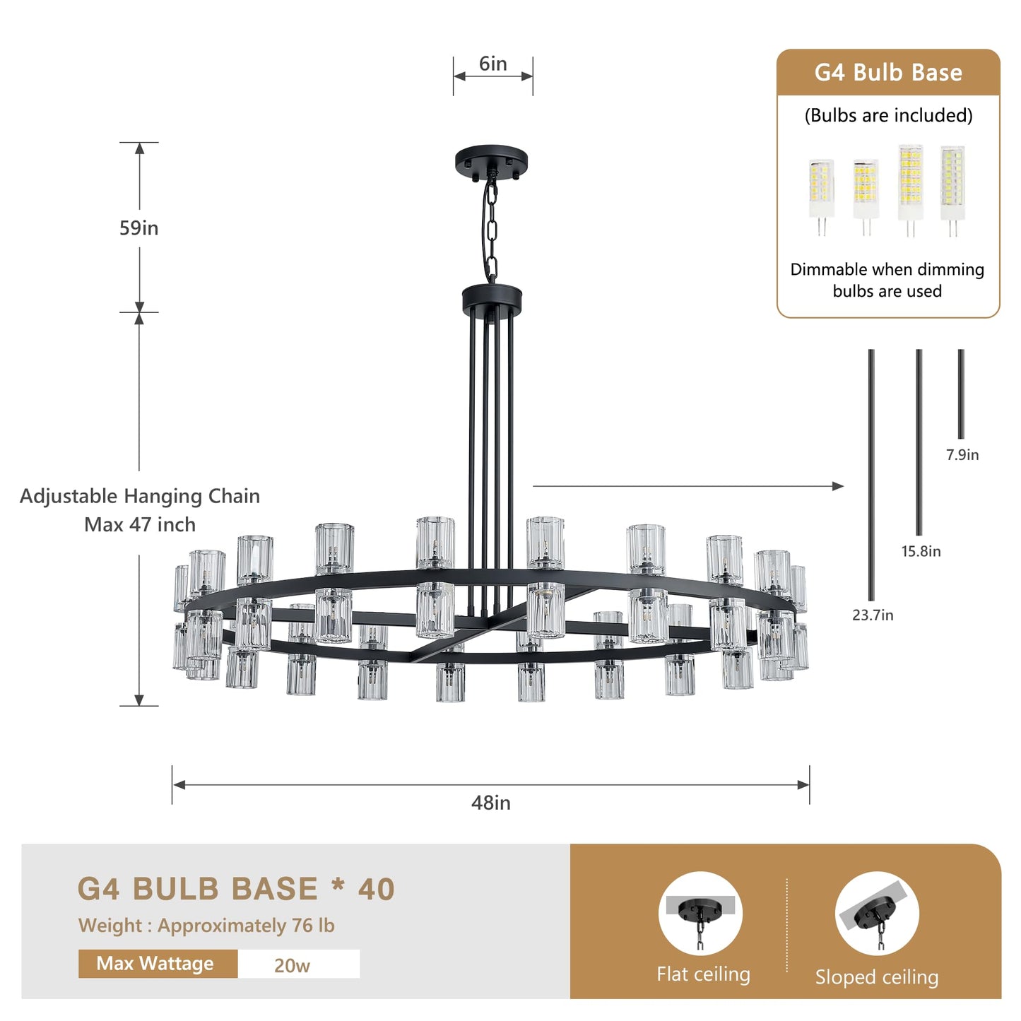 SHEKAITAO 48" Black Wagon Wheel Crystal Chandelier, Modern Round Chandelier for Dining Room Table, K9 Crystal Ceiling Chandelier for Living Room Entryway Foyer, Includes 40× G4 Bulbs