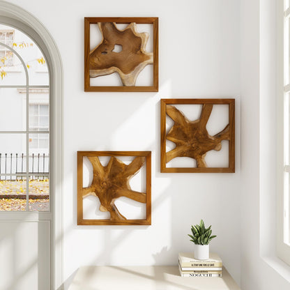 JOLLYMER 2 Pack Live Edge Teak Wood Wall Decor, Rustic Wooden Wall Art, Handcrafted Home Decoration for Living Room Bedroom Office, 17"x17" Natural Frame