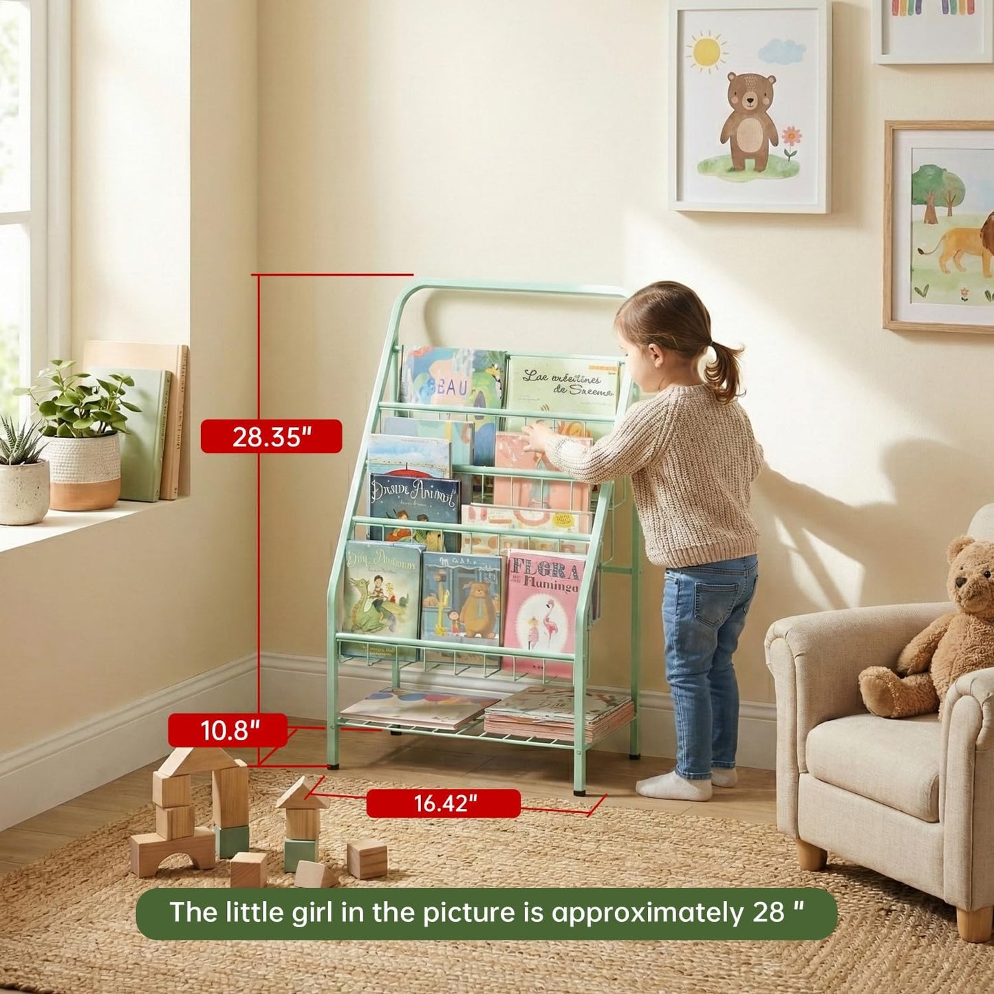 4-Tier (28.35" JAQ Green Kids Bookshelf, Metal Book Display Rack for Small Space, Child-Safe Forward Facing Toddler