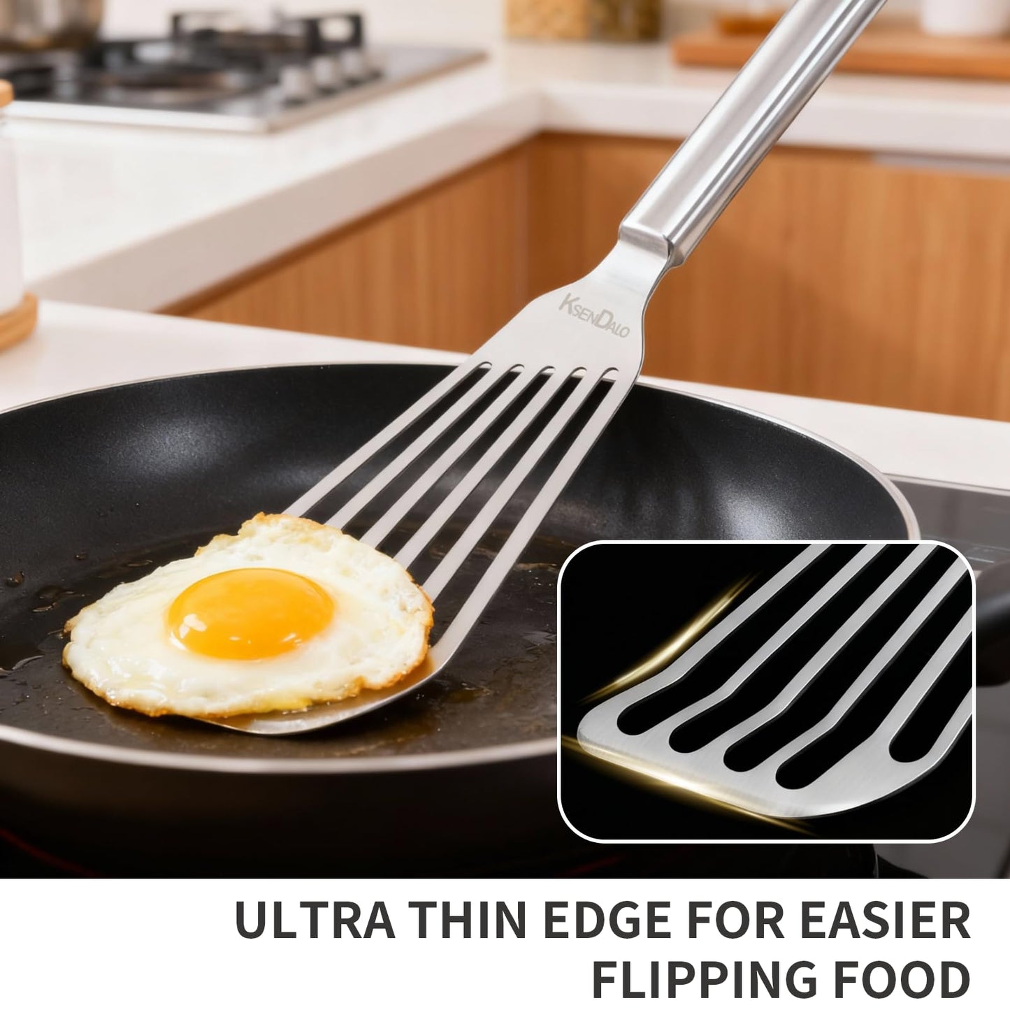 KSENDALO Thin Stainless Steel Fish Spatula, Metal Egg Turner, Professional Slotted Spatula Flipper for Kitchen Cooking Flipping Use, Dishwasher Safe