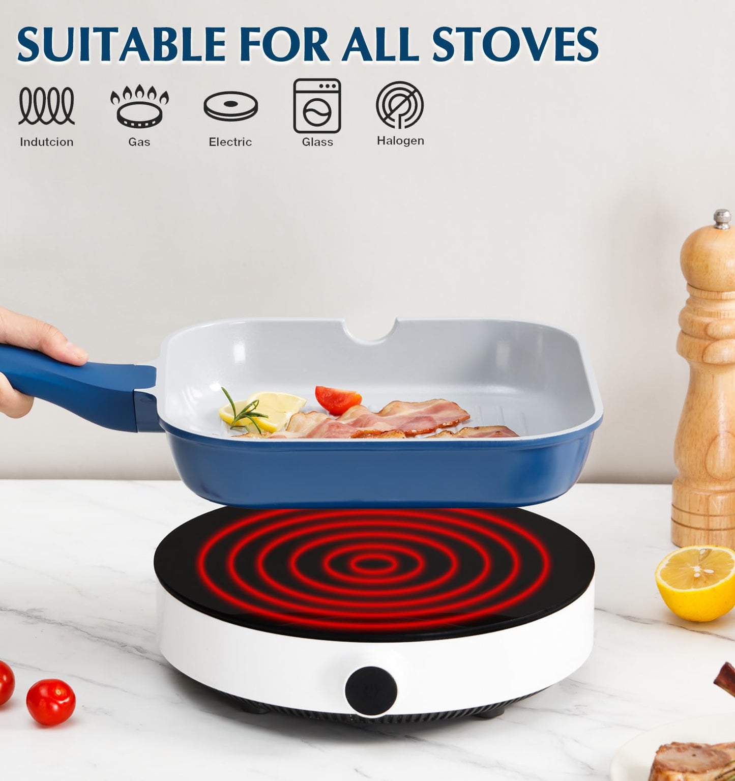 KOCH SYSTEME CS 11 Inch Nonstick Grill Pan for Stove Tops, Square Pan with Pour Spouts, Square Frying Pan for Indoor Cooking, Grill Skillet with Bakelite Handle, PTFE & PFOA Free, Blue