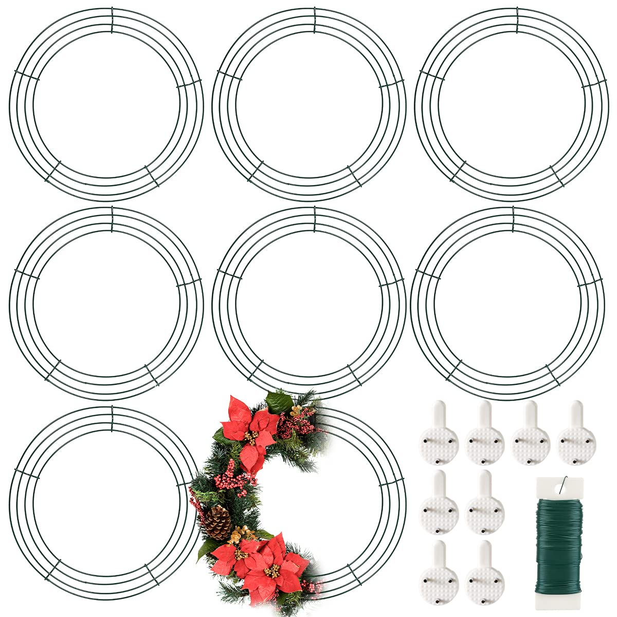 8 Pack Wire Wreath Frame 12 Inch Metal Form Ring for Crafts DIY Front Door Christmas New Year Valentines Wedding Garden Home Party Decoration with 38 Yard Paddle Wire