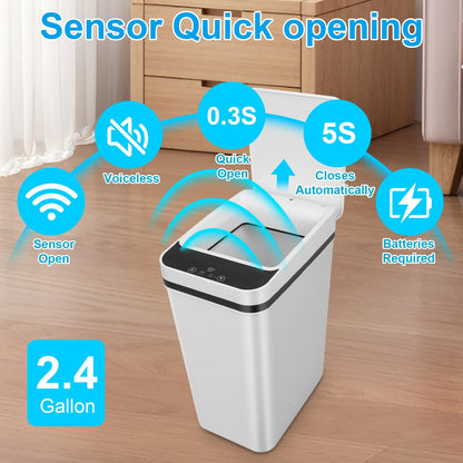 QSFWCSM 2 Pack Bathroom Trash can,Smart Touchless Trash Can,Automatic Motion Sensor Trash Bin with Lid,2.4 Gallon Garbage Can, Kitchen, Bathroom, Office, Bedroom Trash can (White+White)