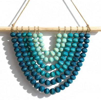 Boho Chic Wooden Bead Garland Wall Hanging Tapestry, Handcrafted Home Décor Inspired by Nature, Suitable for Living Room, Bedroom, Entryway, Nursery, Apartment & Dorm (Coastal Breeze Ombre, 12 inches)
