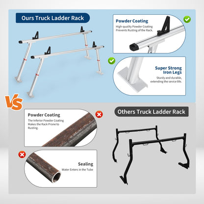 Adjustable Aluminum Pickup Ladder Rack – 35.4" to 71" Width, 800 Lb Heavy Duty 2-Bar Truck Bed Rack with No-Drill c-Clamp Mount – Utility Hauler for Kayaks, Lumber, Surfboards & Ladders – Silver