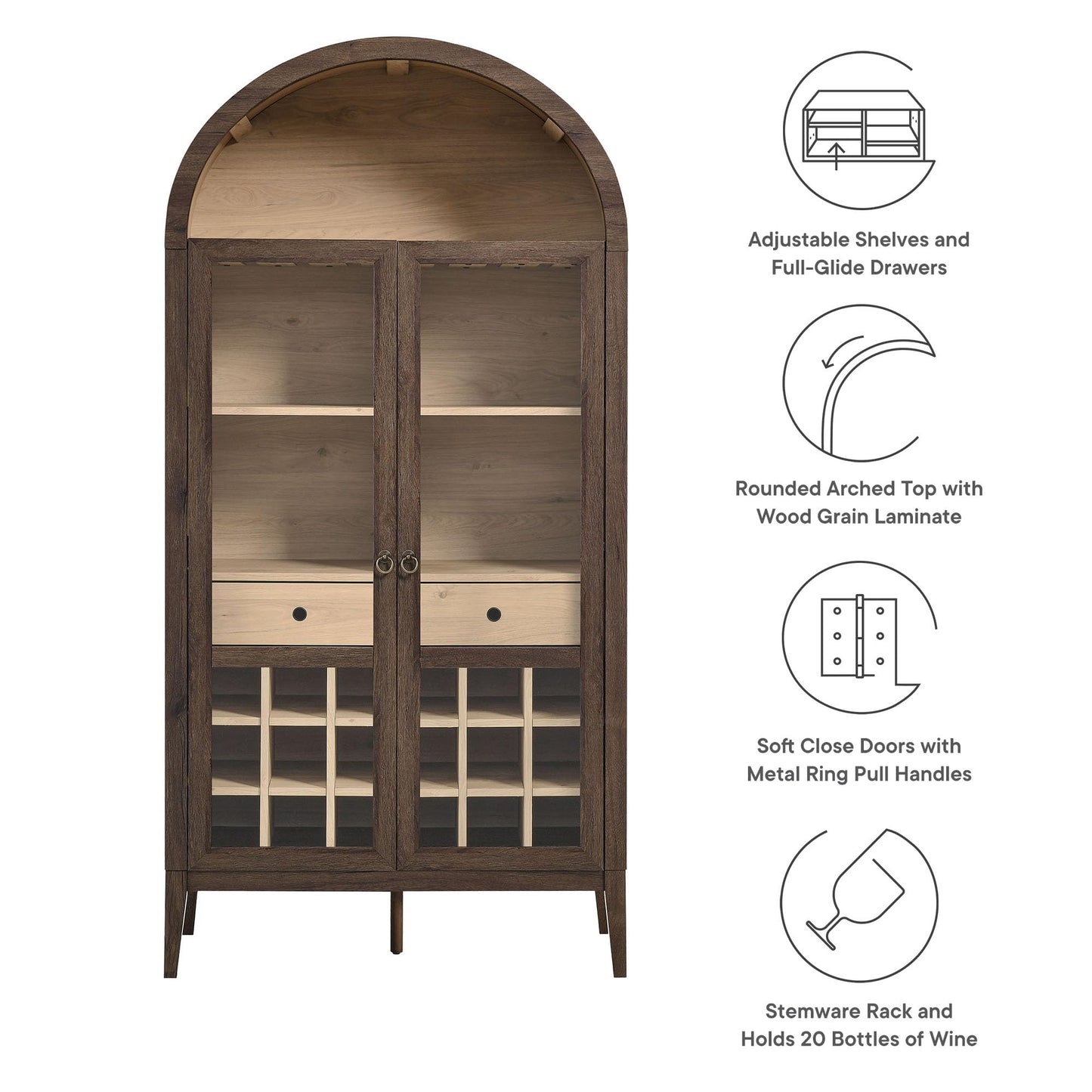 Modway Nolan Modern Farmhouse Arched Bar Cabinet in Dark Walnut Wood Grain - 72 Inch Tall Wine Storage Cabinet with Glass Doors and Wine Rack - Large Liquor Cabinet for Dining or Living Room