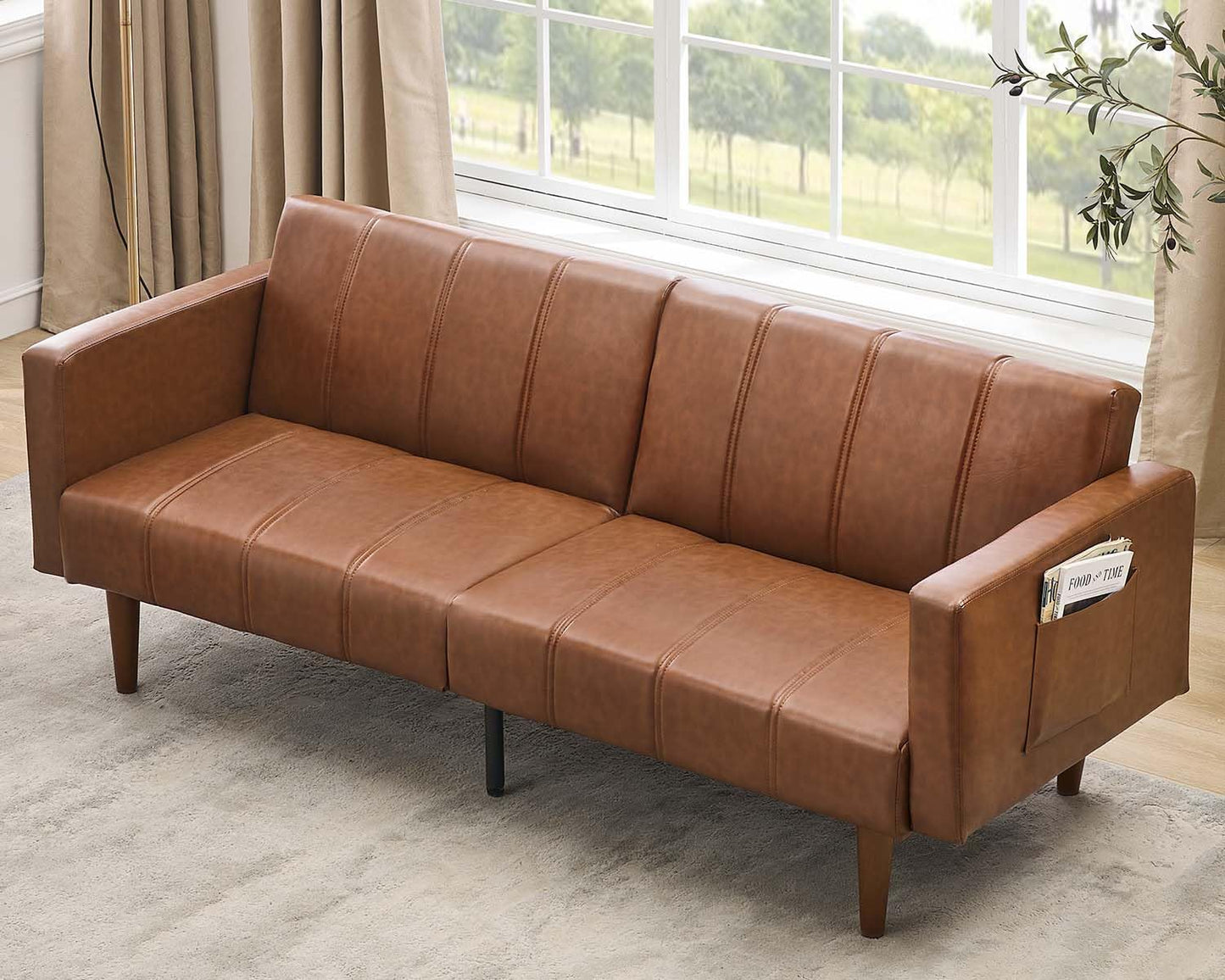 75" Futon Sofa Bed, Mid-Century Modern Futon Couch, Convertible Sleeper Sofa with Adjustable Backrest, Side Pocket, PU Leather Couch for Living Room, Brown