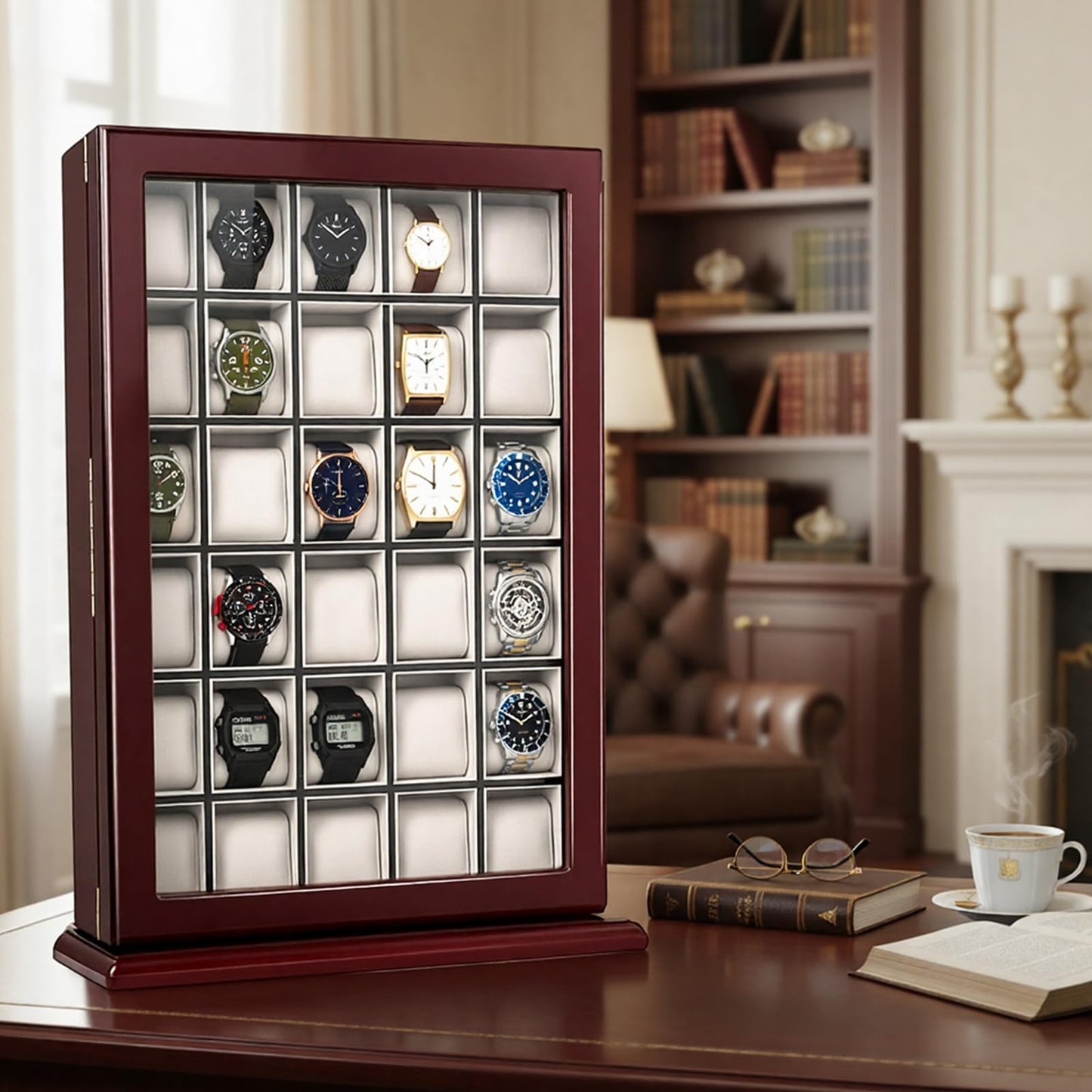 30 Piece Watch Display Case Watch Cabinets Cases Wall Mounted Shadow Box UV Protection Display Boxes with Acrylic Transparent Door Holder for Oversized Watches Collector Memorabilia Gift