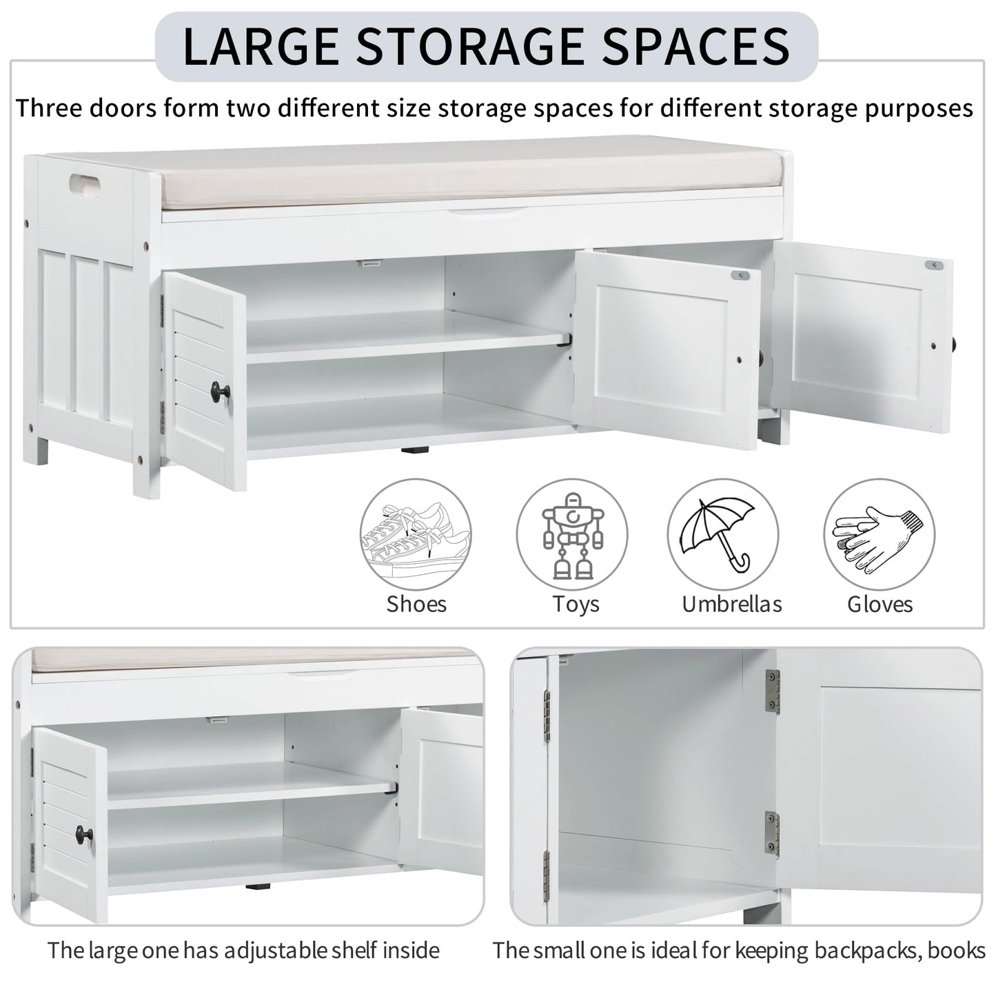Merax Rustic Storage Bench with Removable Cushion Multifunction Shoe Cabinets for Entryway Hallway Front Door White