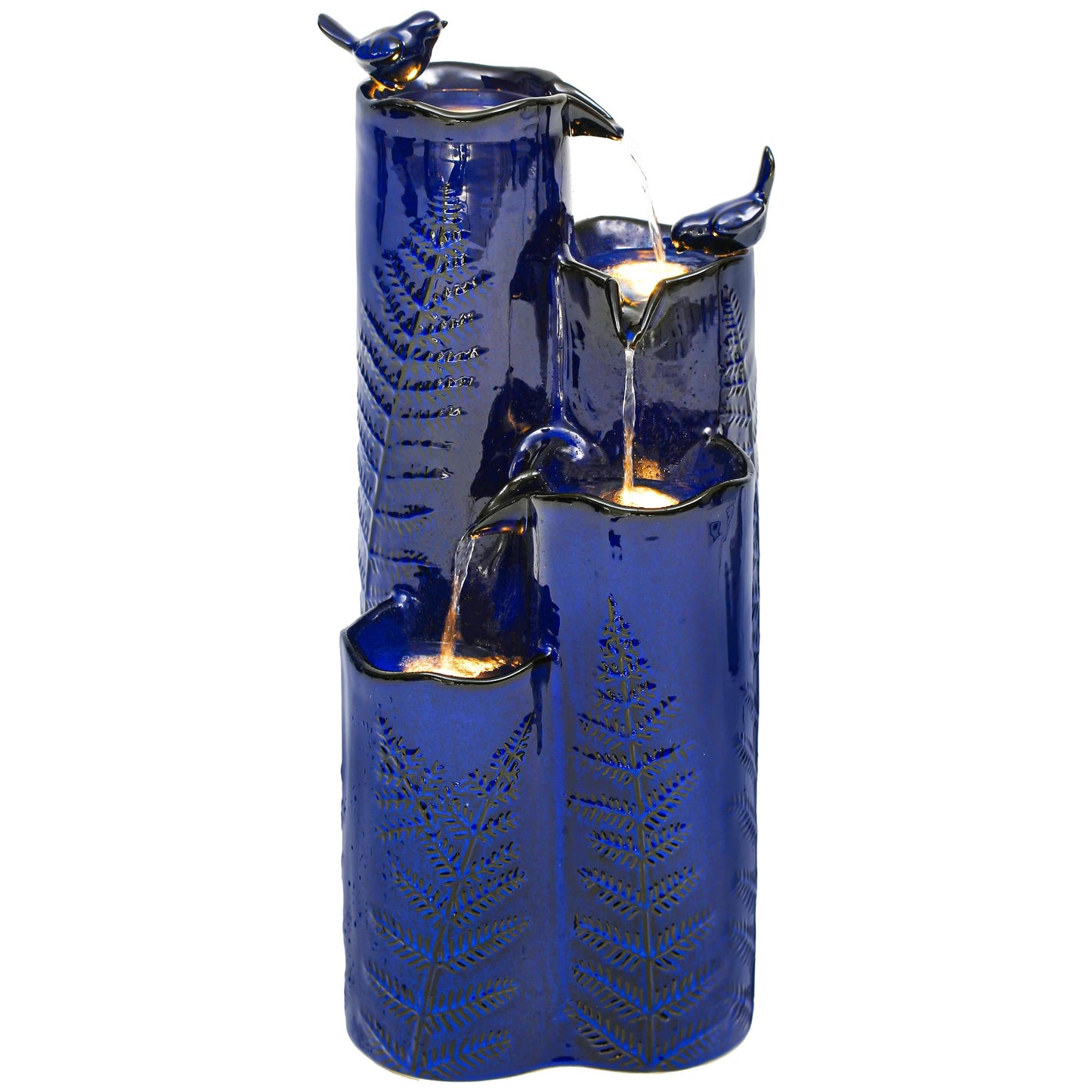 Autodaya 32" H Ceramic Outdoor Water Fountain with LED Lights, 4-Tier Vase Outdoor Fountain, Cobalt Blue Glaze, Embossed Fern Pattern, Cascading Waterfall for Tranquil Garden, Patio, or Porch