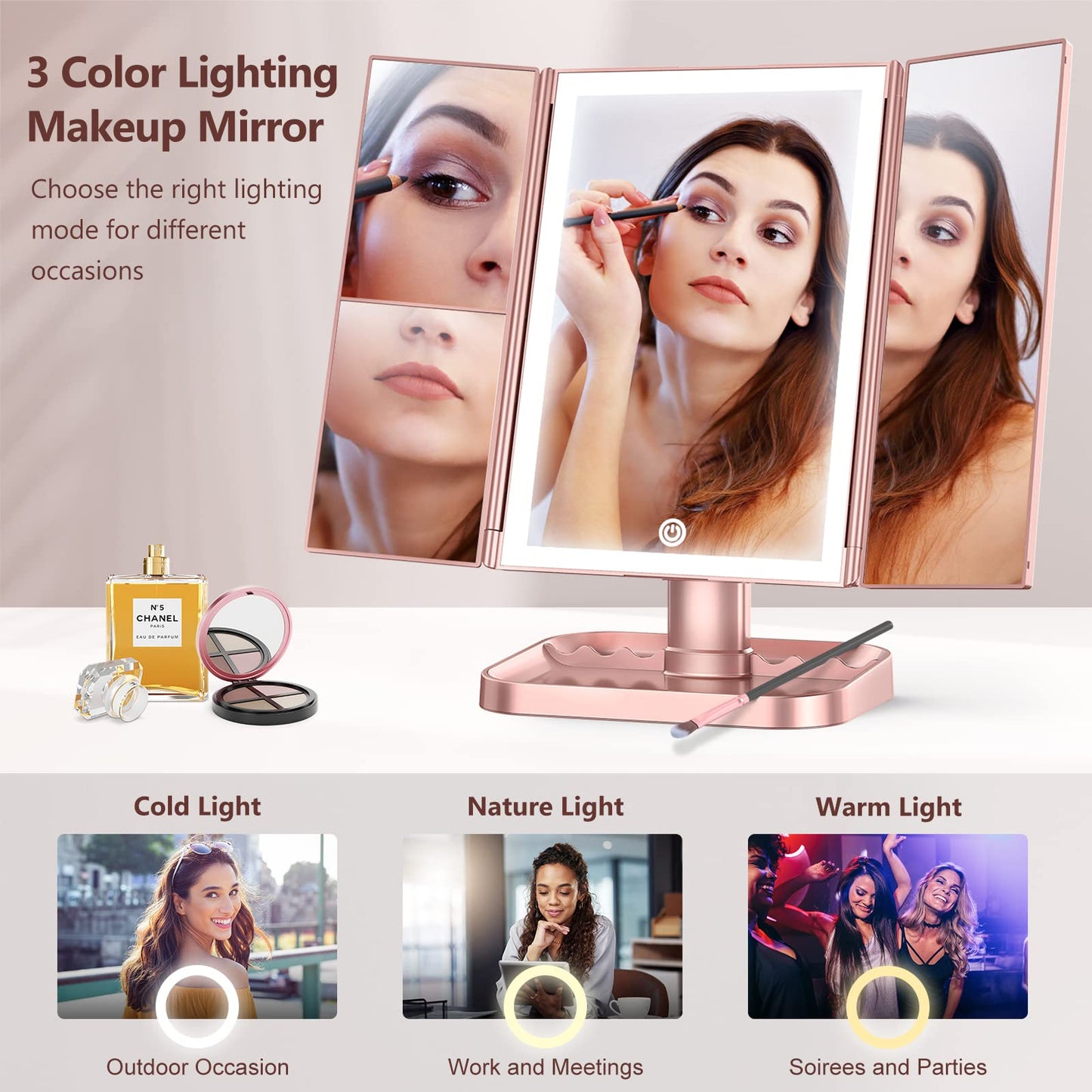 Wireless Rechargeable Lighted Makeup Mirror with 3 Color Lighting, 2000mAh Rechargeable Battery, 10x 3X 2X Magnification, 24 LED, 360 Degree Rotation, Gift for Woman (White)