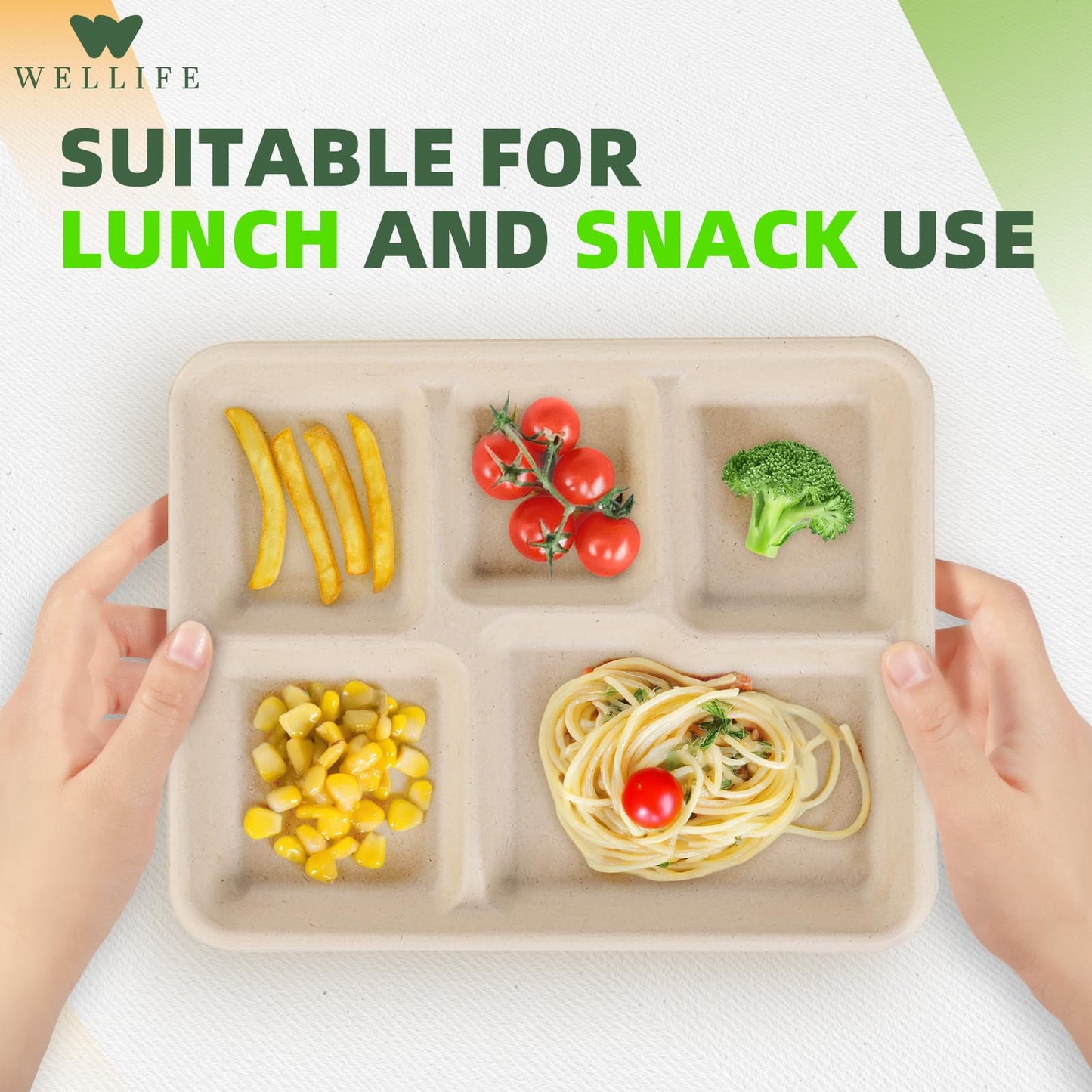 WELLIFE 125 Pack Kids Small 5-Compartment Paper Plates, 10.25x8.25 Inch 100% Compostable Divided Plates, Disposable School Lunch Trays, Eco-Friendly Bagasse Plate for Boys Girls and Youth (BPA Free)