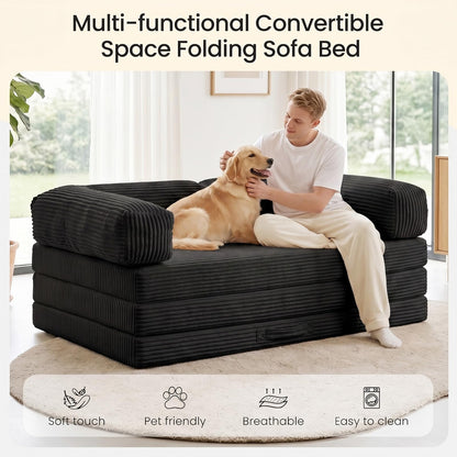 Erament Convertible Sofa Bed, Tri-Folding Mattress Queen Futon Couch Bed, Boneless Sleeper Couch Bed with Removable Armrests & Washable Cover for Guest Room, Living Room, Queen, Black