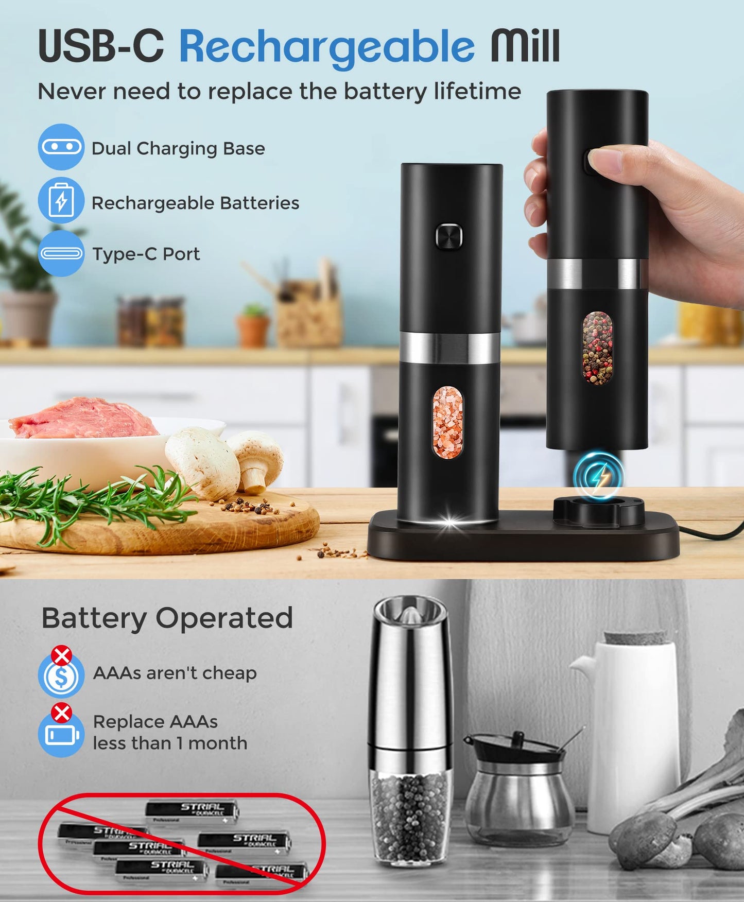 Electric Salt and Pepper Grinder Set, New Rechargeable Salt and Pepper Mill with 4*Rechargeable Batteries, Charging Base, White Light, One Hand Automatic Operation, Black, 2Pack