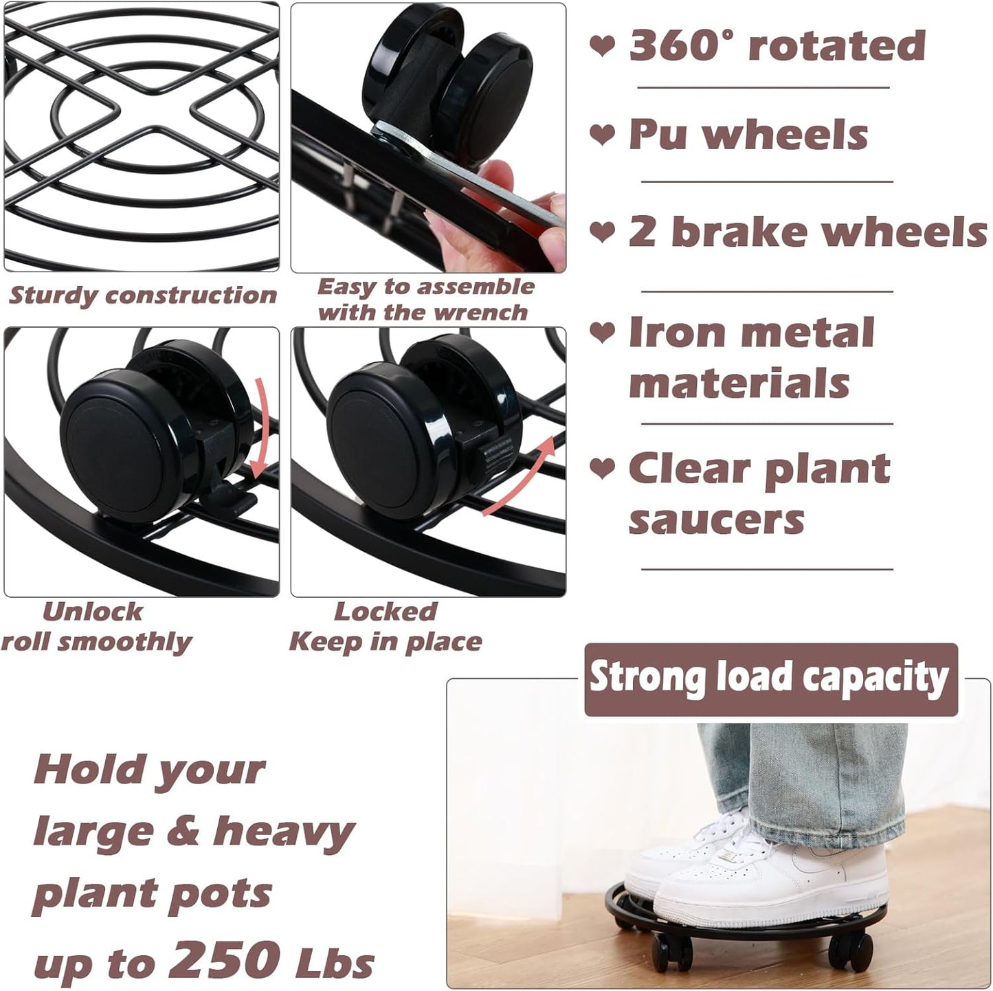 lucpur 3 Packs 13.5" Metal Plant Caddy with Wheels Large Rolling Plant Stands Indoor Wheeled Plant Dolly Heavy-duty